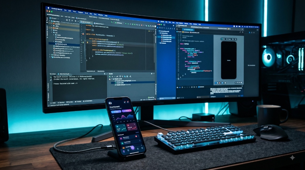 Android Studio and iOS mobile app development workspace with live dashboard device