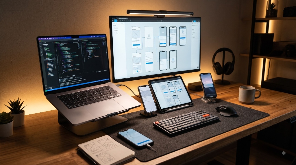Mobile app UI wireframe design workflow on multi-device workstation with iPhone, iPad, and desktop