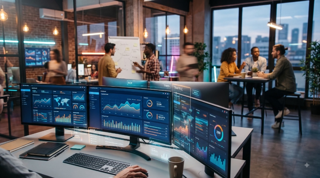 Digital marketing team analyzing multichannel campaign performance dashboards in modern workspace