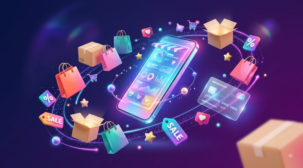 Futuristic 3D mobile storefront with floating shopping bags, credit card checkout, and cosmic orbit rings