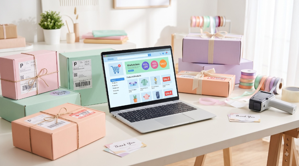 E-commerce order fulfillment workstation with online marketplace laptop, shipping labels, and packaged goods