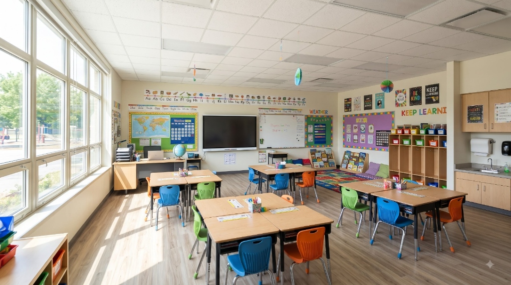 Modern interactive classroom with smart digital whiteboard and learning resources
