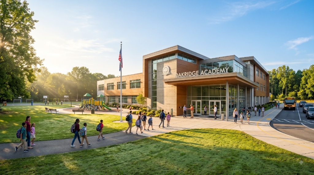 Modern academic campus with students, facilities, and digital learning infrastructure