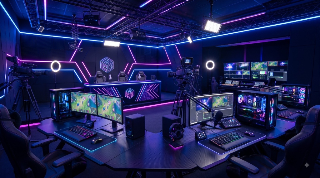 High-tech esports broadcasting production studio with multi-monitor gaming consoles and neon aesthetic lighting