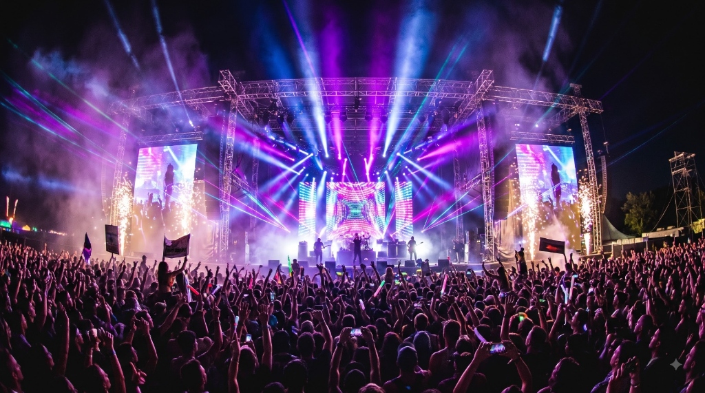 Spectacular live concert music festival stage with pyrotechnics, laser lighting, and cheering audience