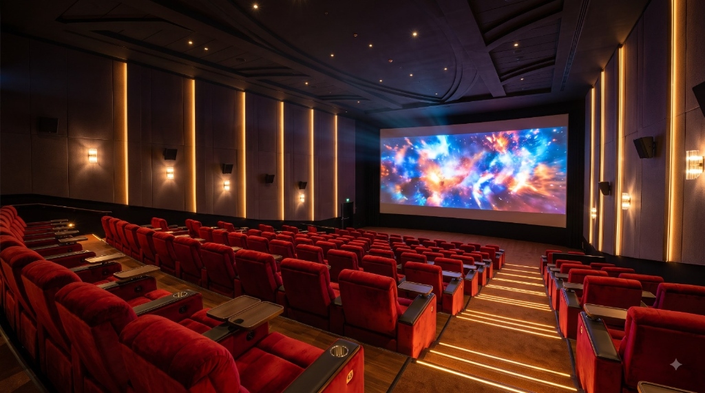 Luxury cinema screening auditorium with red velvet seating and ambient architectural lighting