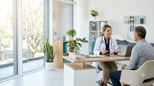 Doctor consulting with a patient in a modern healthcare clinic