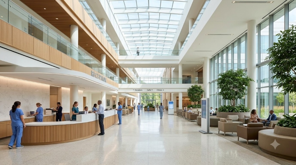 Modern hospital and clinic reception with digital healthcare management