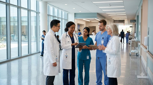 Healthcare medical staff collaborating with digital tablet in hospital corridor