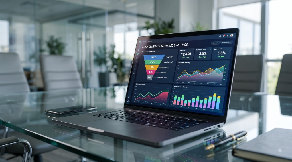 Executive laptop displaying real-time lead generation funnel, analytics dashboard, and conversion graphs