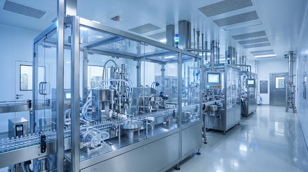 Automated cleanroom precision bottling and processing line with stainless steel equipment and touchscreens
