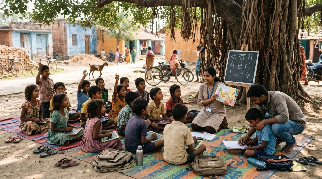 Dedicated community educators conducting an open-air learning camp for rural children under a banyan tree