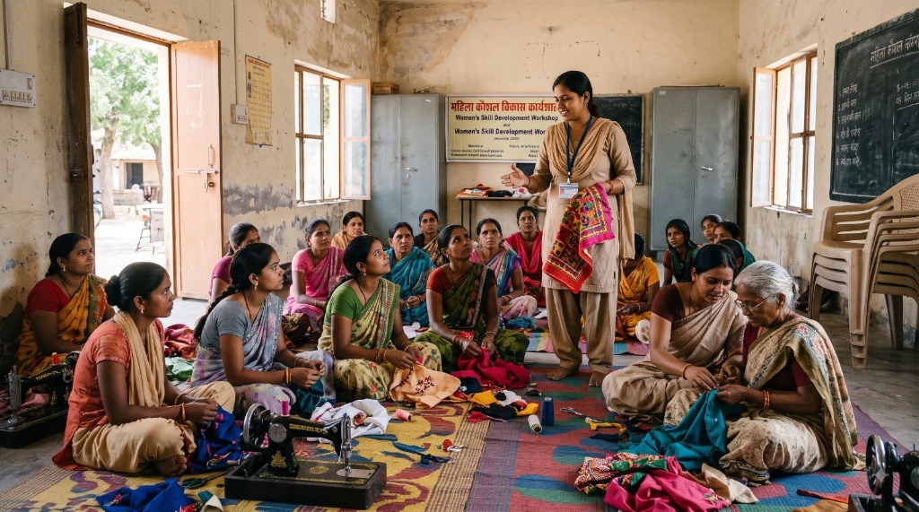Women participating in a vocational skill development workshop learning tailoring and textile crafts
