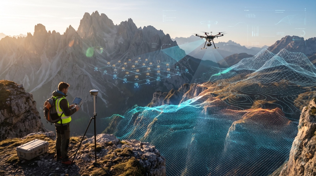 High-tech aerial drone survey with 3D elevation wireframe contour mapping
