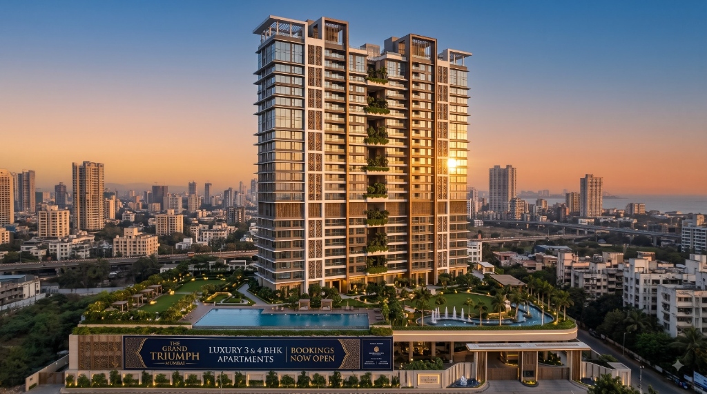 The Grand Triumph luxury residential high-rise tower at sunset with infinity swimming pool and skyline