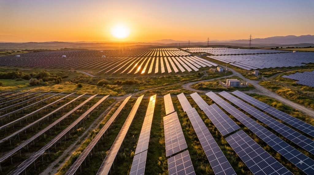 Vast utility-scale solar farm array across rolling hills in golden sunrise sunlight