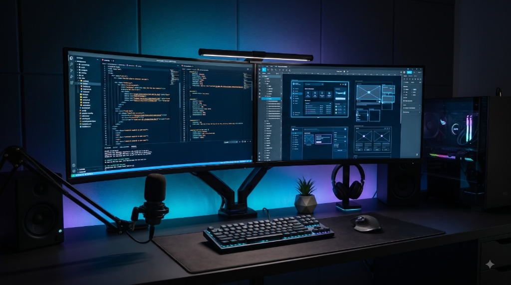 Modern dual-monitor web development and UI wireframe workspace